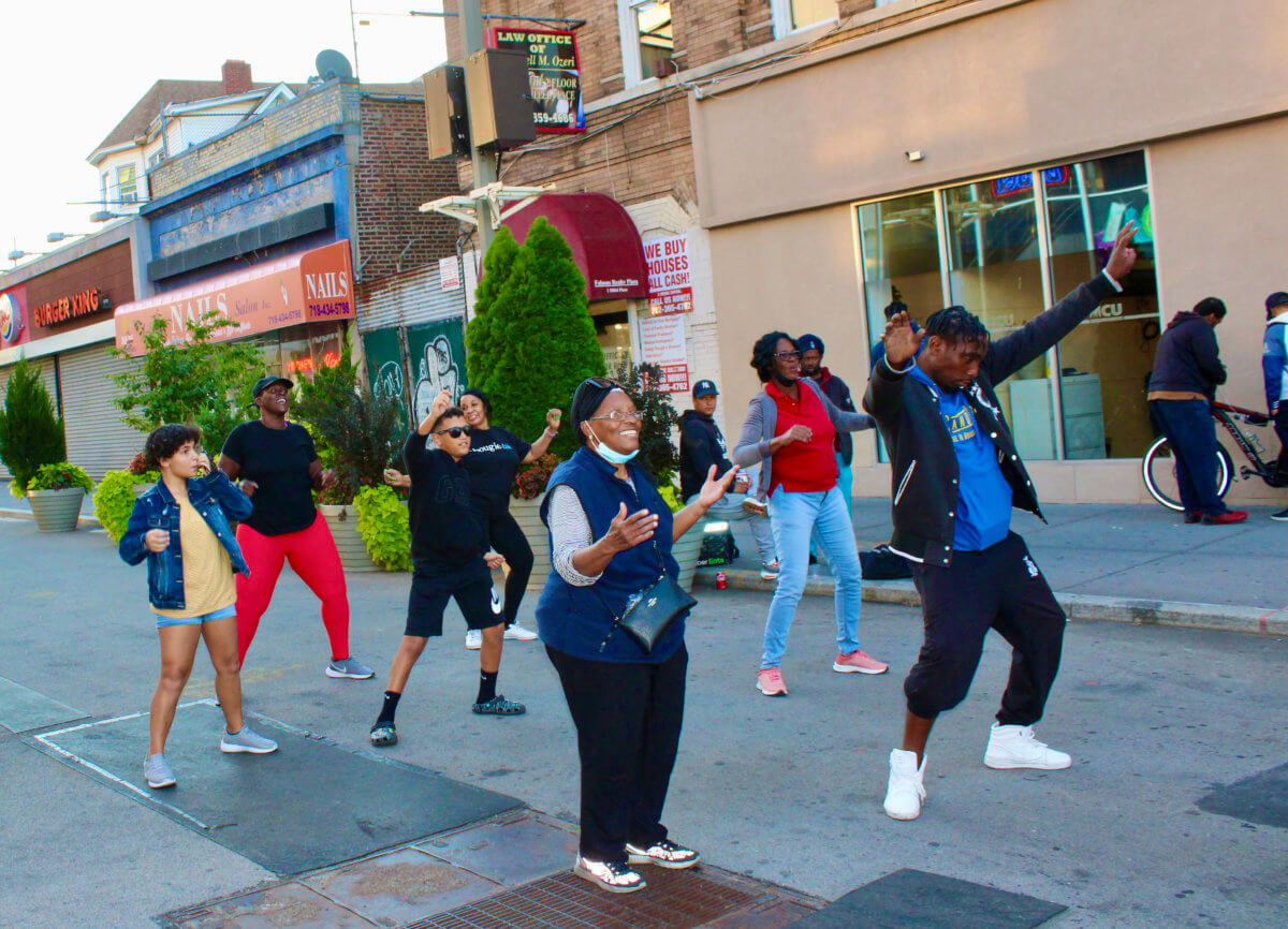 Some of the participants moving to soca music at the Tuesday Sept. 27 Humana on Hillel Plaza health and fitness, session in Little Caribbean, Flatbush Junction in Brooklyn.