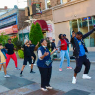 Some of the participants moving to soca music at the Tuesday Sept. 27 Humana on Hillel Plaza health and fitness, session in Little Caribbean, Flatbush Junction in Brooklyn.