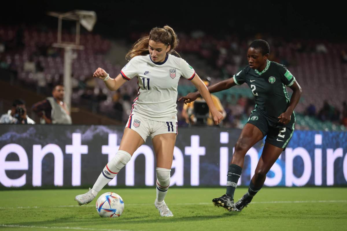 Action between the United States and Nigeria in the 2022 FIFA Under-17 Women’s World Cup at the DY Patil Stadium in Navi Mumbai, India.