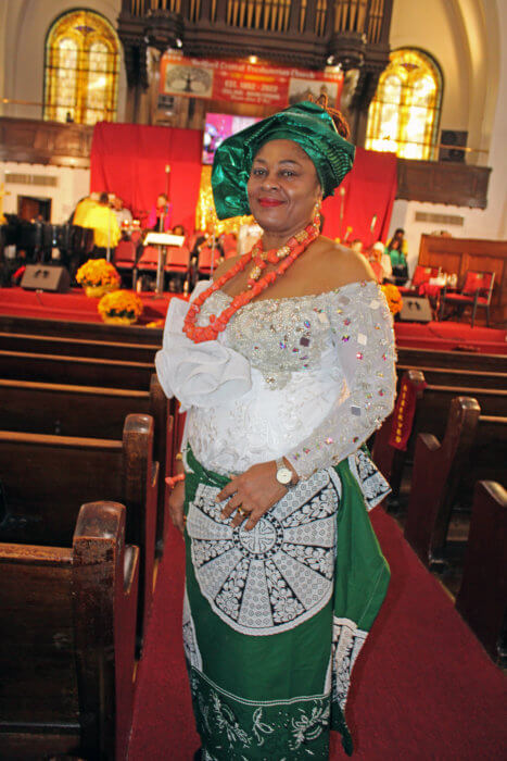 Parishioner Chidinma Jame, a fashion designer from Nigeria, wore one of her creations to church.