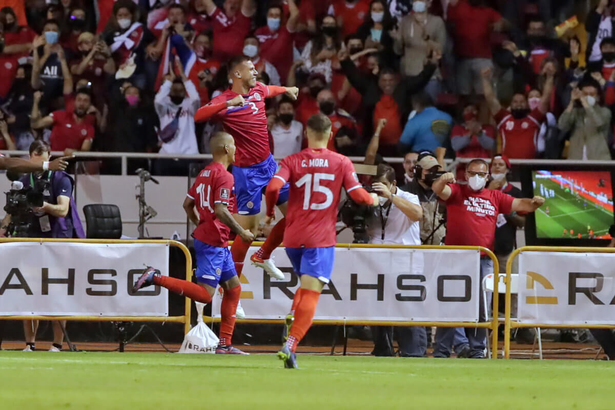 Juan Pablo Vargas #3 of Costa Rica celebrates after scoring his goal during the match between Costa Rica national against United States national as part of the Concacaf 2022 FIFA World Cup Qualifier held in National Stadium in San Jose, Costa Rica.