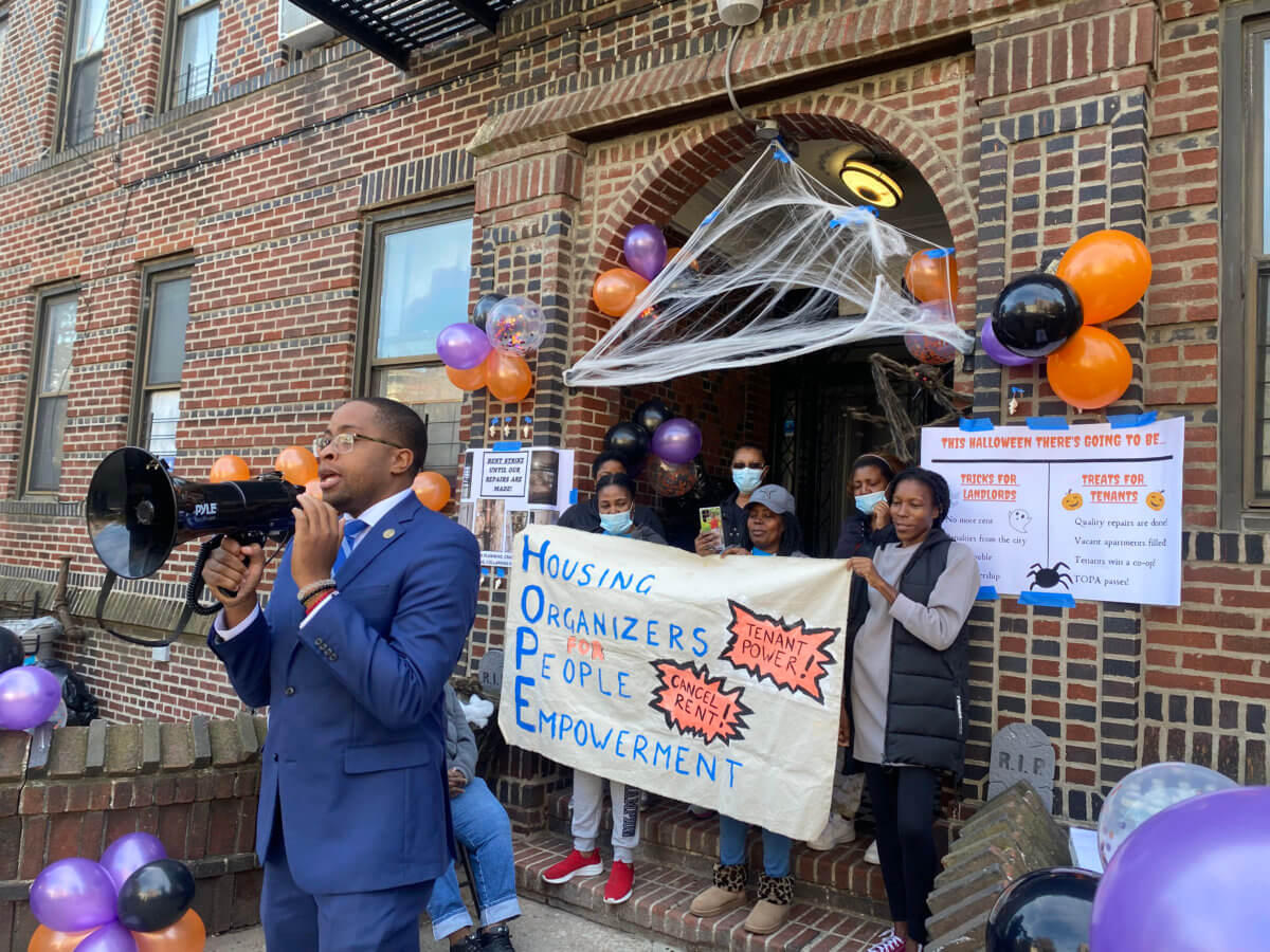 State Senator Zellnor Myrie speaks in support of tenants