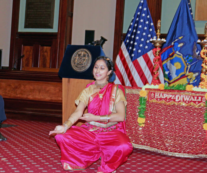 Kashmiraa Pandit performing an invocation dance during a Diwali commemoration at City Hall, on Nov. 1, 2022. 