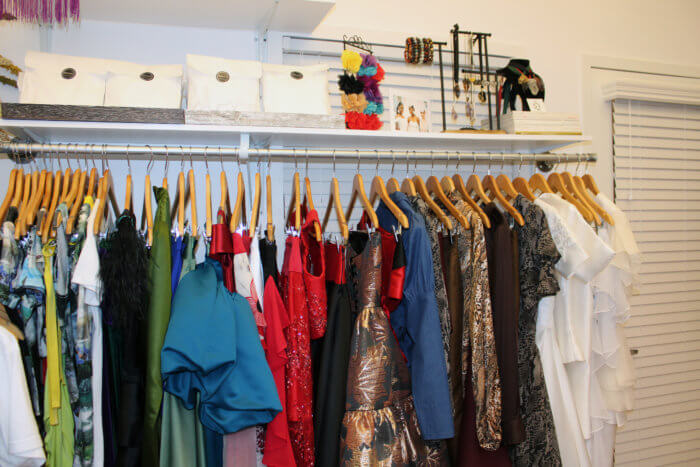A wide array of outfits from Glenroy Marsh's D'Marsh Couture collection in his 1115 Broadway, Manhattan showroom. 
