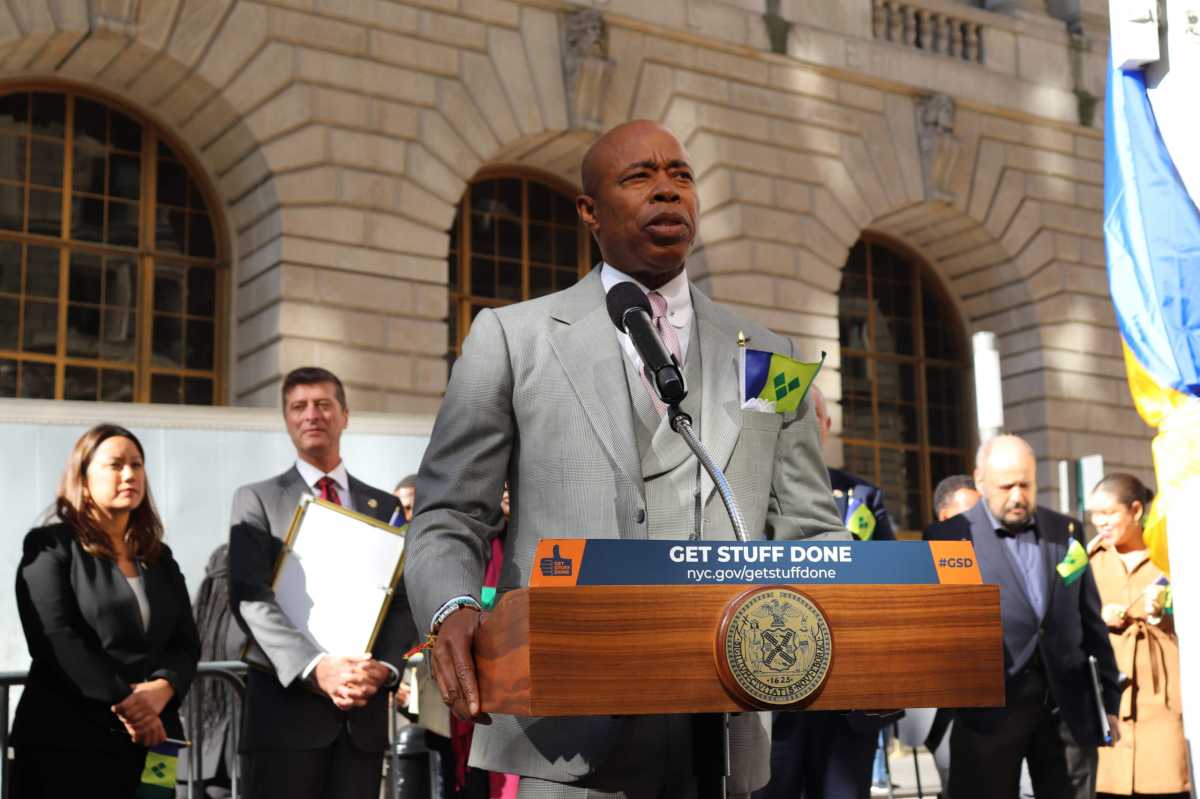Mayor Eric Adams addresses the flag raising ceremony.