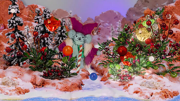 A picture of a scene from Piehole's Christmas Mountain installation. 