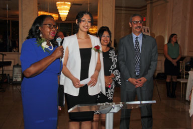 Justice Sylvia Hinds-Radis, left, with inaugural scholarship recipient Veronica Krass, (second from left).