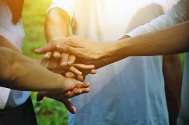 Team teamwork business join hand together concept, Power of volunteer charity work, Stack of people hand