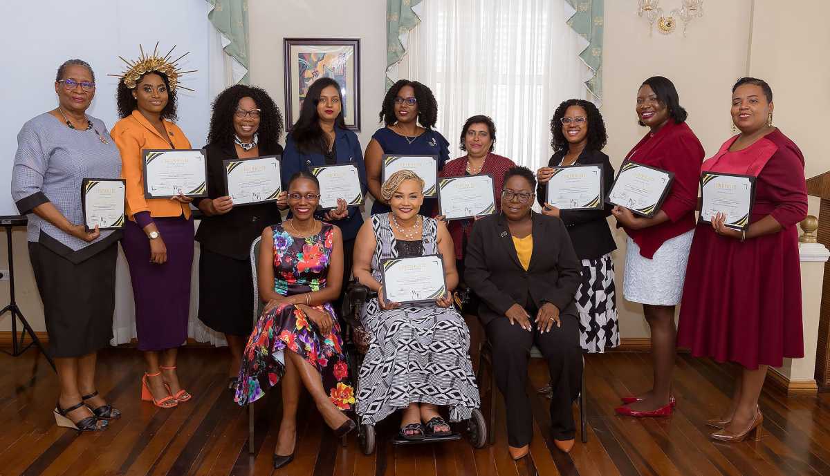 Front row: Michelle A. Nicholas, co-founder celebrates the WLP's 2022, (Oviah Setra O'Selmo). graduate, co-founder Lyndell Danzie-Black. Backrow, graduates from left, Bonita Ann Hunter, Shamane Headley, Beverly Brathwaite-Chan, Anju Vivekanandaraj, Sancha La-toya Halley, Vassilia Indra Ramcharran, Deondra Wishart-Hope, Caulette Candacy Vanderstoop, and Valini Una Leitch.