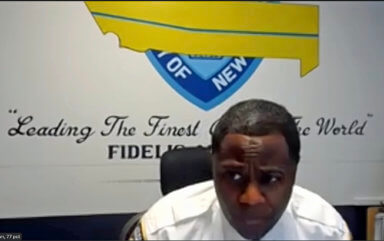 Screen grab of NYPD 77th Precinct Deputy Inspector Tony R. Brown giving his opening remarks during the United Clergy Council meeting. 