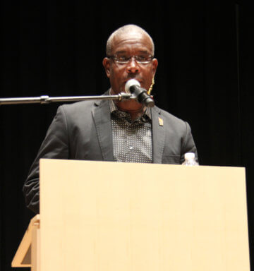 Grenada Minister of Foreign Affairs Joseph Andall addressing at Town Hall Meeting at Brooklyn College in September last year. 