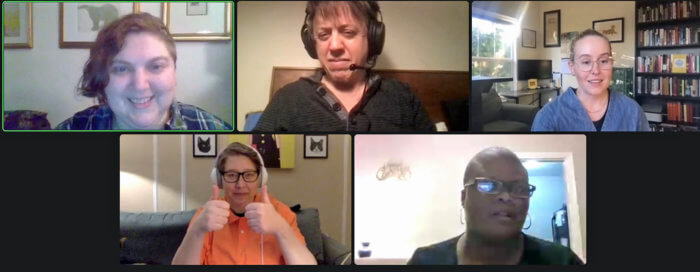 A screenshot of the NYPL webinar on Jan. 26. Top row: host Jill Rothstein, Guide author JD Davids and moderator, Fiona Lowenstein. Bottom row: Guide authors Heather Hogan and Chimere L. Smith. 