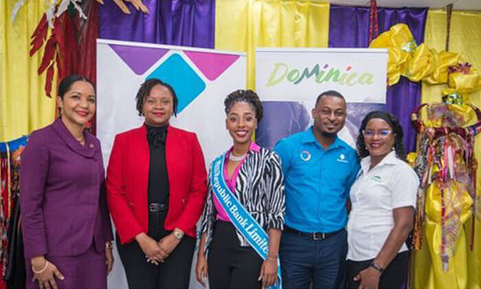 From left, Kasia John-Republic Bank Limited, Kimberlerly - DDA, Tania Eugene - Miss Dominica contestant, David Davis - Republic Banks Limited and Daphne Vidol - DDA.