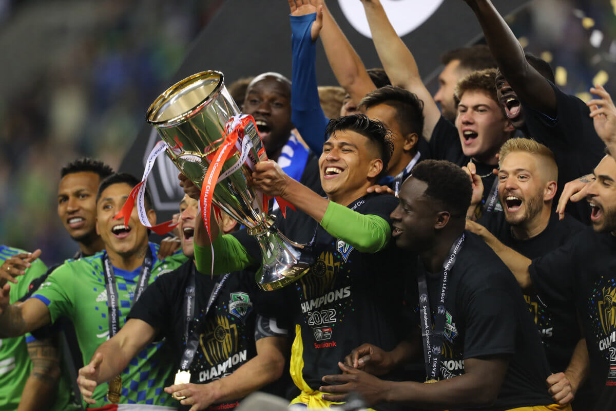 Seattle Sounders players celebrates at the Lumen Field on May 4, 2022 in the second leg of the 2022 SCCL Final.