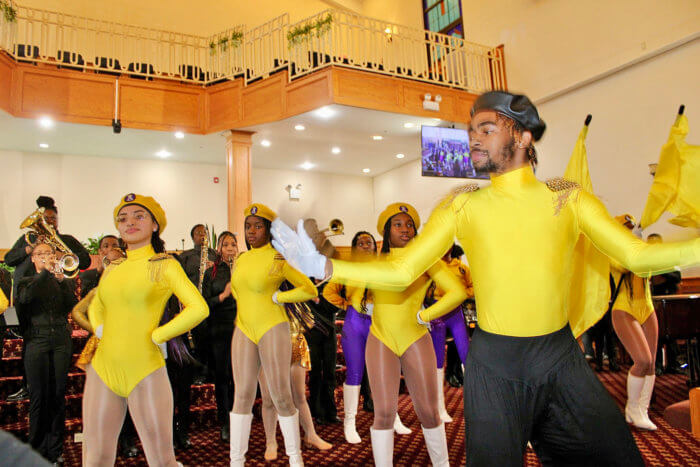 Members of the Brooklyn Marching Elite go through their paces at the A Shared Dream MLK concert, at Goshen Temple of SDA, Brooklyn.