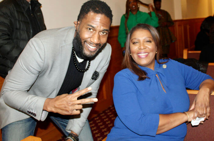 Public Advocate Jumaane Williams and NYS Attorney General Letitia James, during a fun moment at the A Shared Dream MLK Concert, at Goshen Temple of SDA, Brooklyn.
