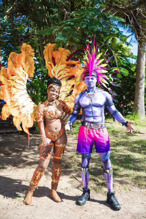 Two masqueraders portray their 2023 carnival costumes in St. Croix.