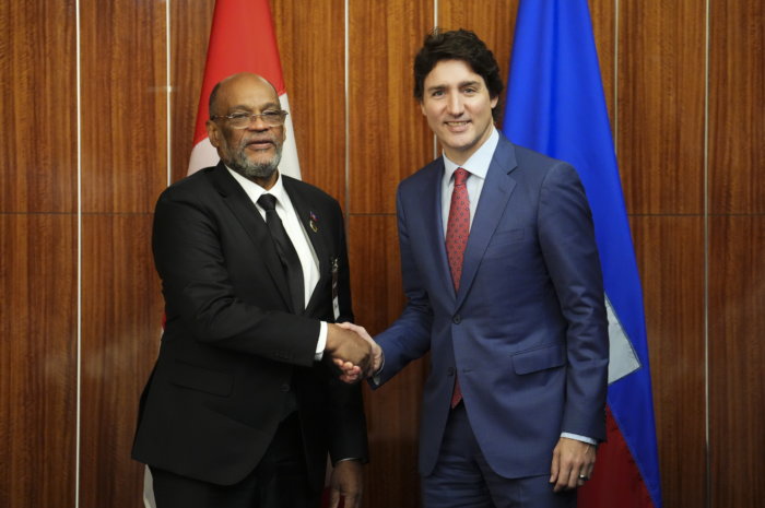 Prime Minister Justin Trudeau, right, takes part in a bilateral meeting with Prime Minister of Haiti Ariel Henry during the Conference of Heads of Government of the Caribbean Community (CARICOM) in Nassau, Bahamas, on Thursday, Feb. 16, 2023.