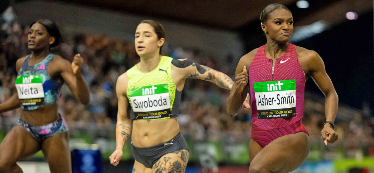 Asher-Smith blazes to British and meeting record of 7.04 in Karlsruhe.