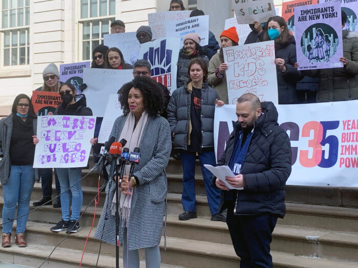 Council Member Sandy Nurse stands outside of City Hall in support of expanding New York City's investments in immigrant communities. 