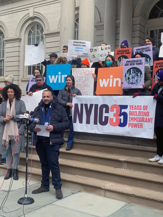 NYIC Executive Director, Murad Awawdeh speaks at a press conference outside City Hall demanding additional investments in New York City's asylum seekers and immigrants. 