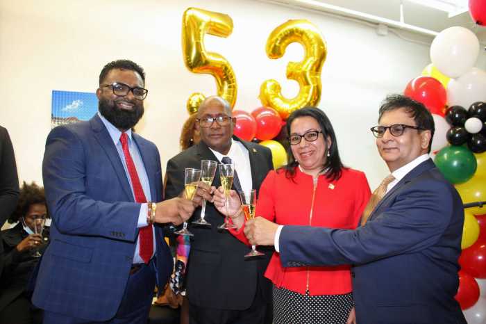 From left, Guyana Elections (GECOM) Commissioner Sase Gunraj, CG in New York, Ambassador Michael E. Brotherson, Permanent Representative to the United Nations, Carolyn Rodrigues-Birkett, and Fazal Joe Yussuff, advisor on Investment & Diaspora Affairs, make a toast on the occasion of Guyana's 53rd Republic Anniversary.