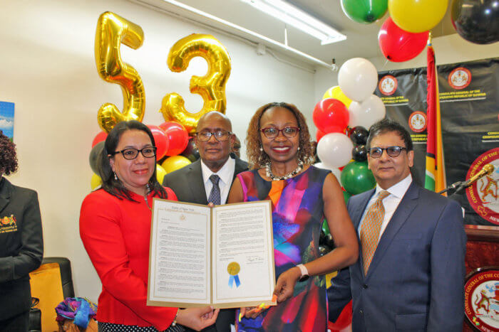 From left, Permanent Representative to the United Nations, Carolyn Rodrigues-Birkett, CG Michael E. Brotherson, Sandy Miller, 19th Senate Office Community Liaison, and Fazal Joe Yussuff, advisor on Investment & Diaspora Affairs, during the handing over of a Legislative Resolution at the 53rd Republic Anniversary commemoration at the Manhattan consulate office. 