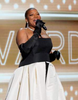 Host Queen Latifah speaks on stage at the 54th NAACP Image Awards on Saturday, Feb. 25, 2023, at the Civic Auditorium in Pasadena, Calif.