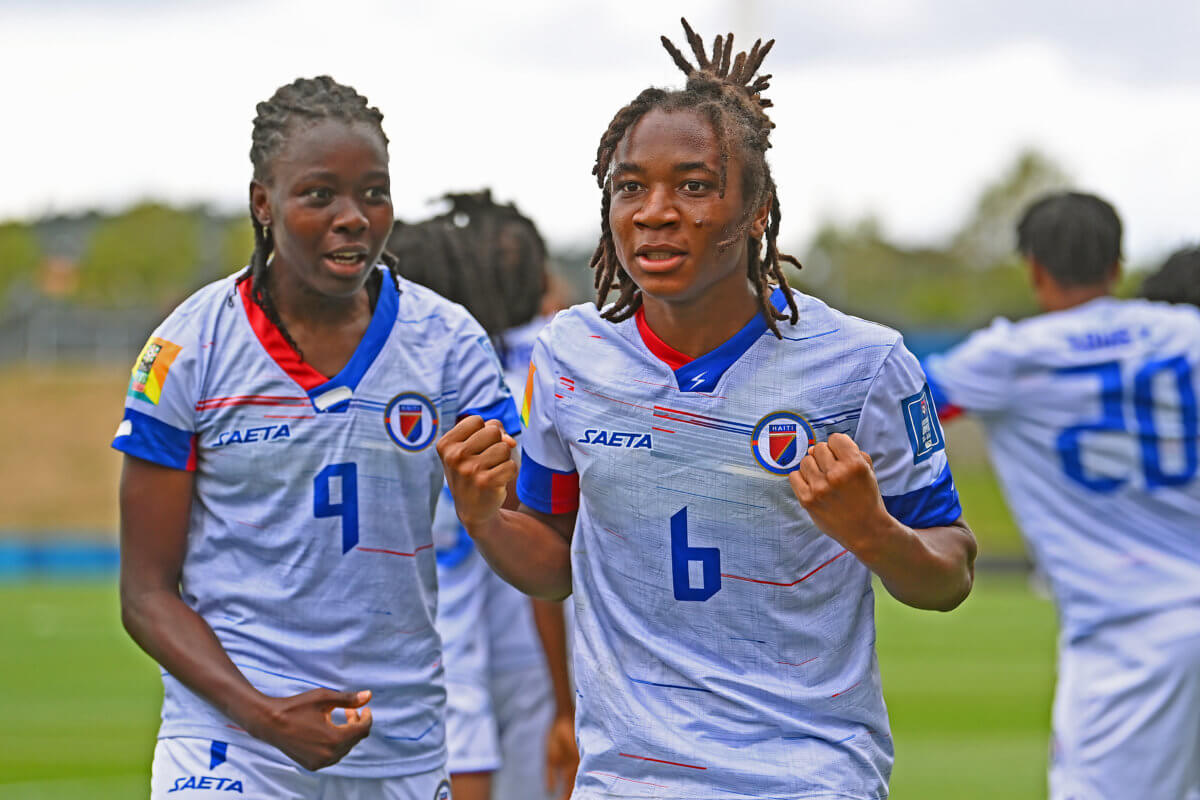 Melchie Dumonay of Haiti celebrates scoring her team's first goal during the 2023 FIFA World Cup Play Off Tournament match between Chile and Haiti at North Harbour Stadium on Feb. 22, 2023 in Auckland, New Zealand.
