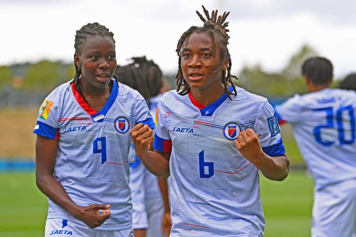 Melchie Dumonay of Haiti celebrates scoring her team's first goal during the 2023 FIFA World Cup Play Off Tournament match between Chile and Haiti at North Harbour Stadium on Feb. 22, 2023 in Auckland, New Zealand.