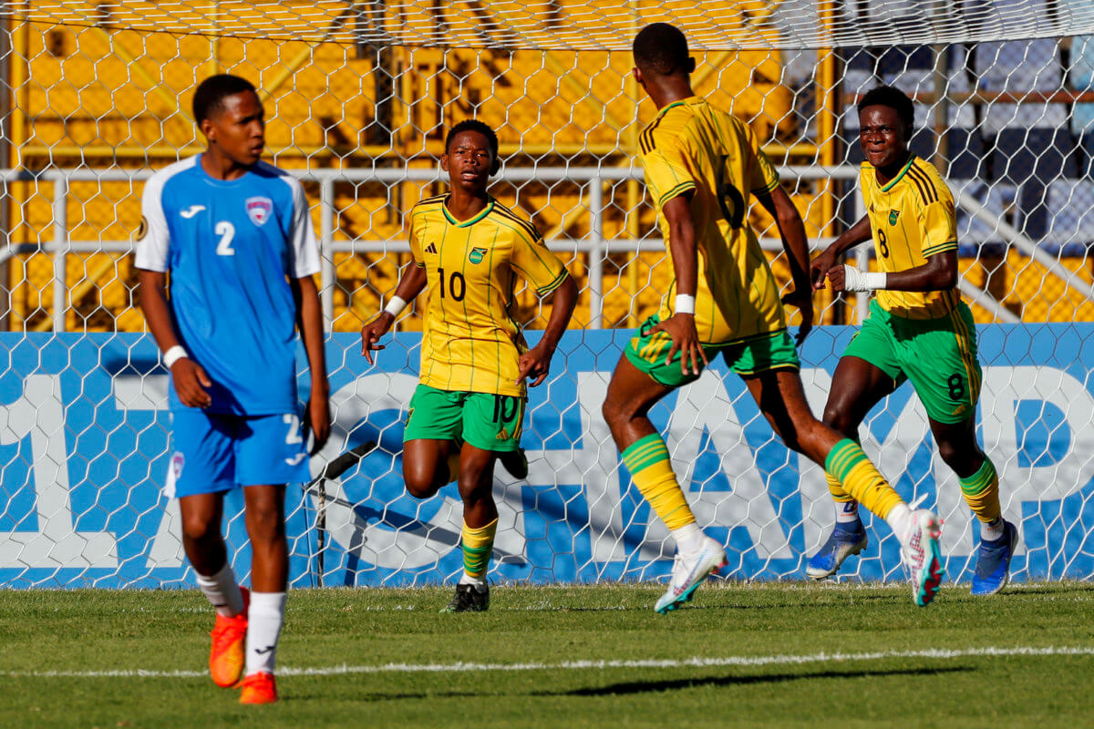 Jahmani Bell of Jamaica celebrates his goal