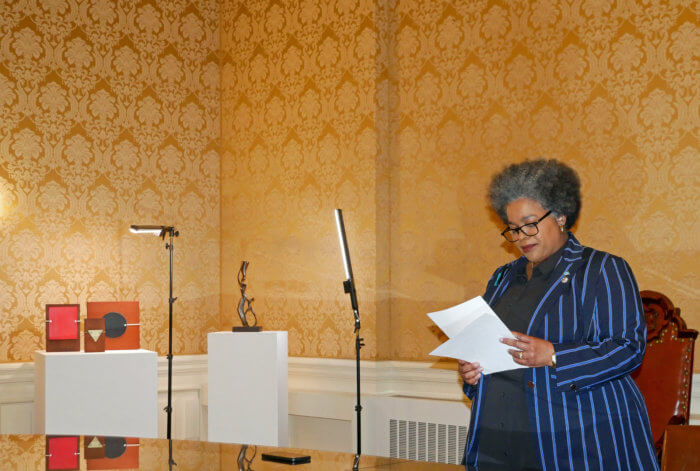 Permanent Representative of St. Lucia, Elizabeth Darius-Clarke speaking during the presentation of art to the Art Museum of the Americas.