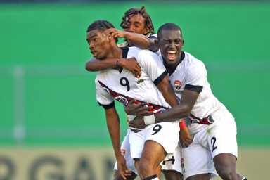 ANTIGUA, GUATEMALA. FEB. 15: Lindell Sween #9 of Trinidad celebrating his goal during the Group F match between Trinidad and Barbados in the Concacaf Men's Under-17 Championship, held at the Pensativo stadium, in Antigua City, Guatemala.