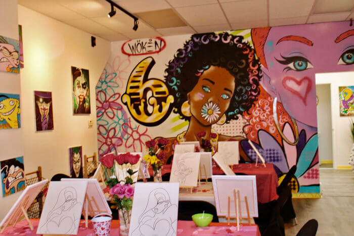 Twisted 'N' Brushes painting on canvas event space in all of its colorful glory. 
