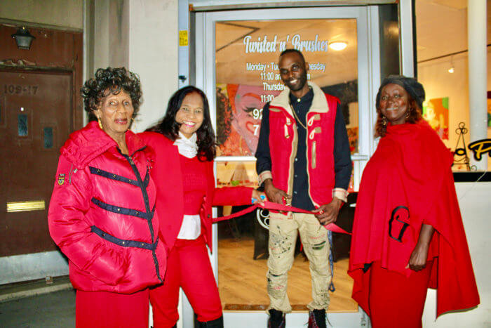 From left, patrons, Norma Clarke, mother, Bibi Alli, Twisted 'N' Brushes creator, painter, Anthony Springer, and Gilian Best Hamilton, at the ribbon cutting, on Valentine's Day, to officially open the painting on canvas event space. 