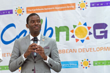 Dickon Mitchell, Prime Minister of Grenada, speaks at the 25th regional gathering of the Caribbean Network Operators Group, held at the Grenada Trade Centre, St George’s, Grenada, March 2, 2023.