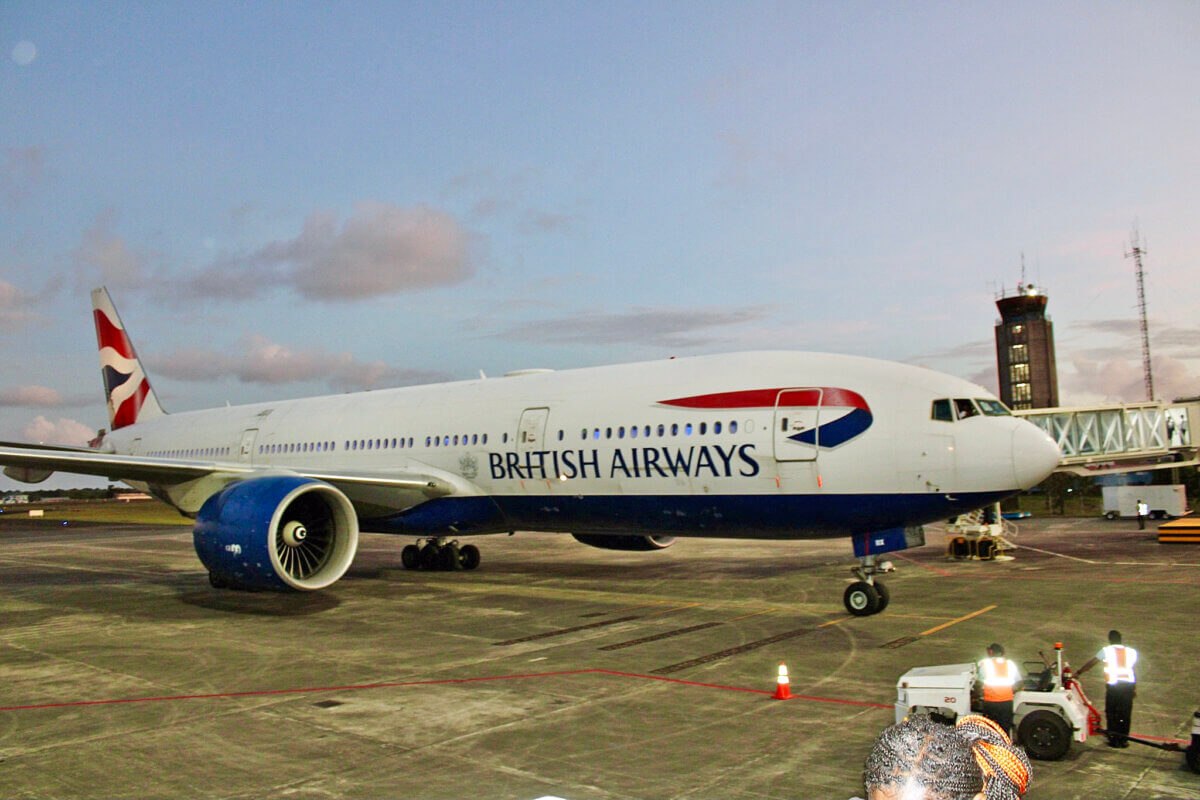 The majestic British Airways aircraft on the runway after touching down on March 27, to commence twice-weekly service to the United Kingdom, via St. Lucia.
