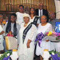 Front row from left: Sis. Marlene Ferguson; Min. Cynthia Grant's grand daughter Kyasia Shawell; Sis. Lynn Malloy, UWF president; Min. Cynthia Grant; and Min. Grant's son, Roger Grant.  Back row from left, Sis. Gillian Prince, Kim Jackson and pastor, the Rev. Roger Jackson.