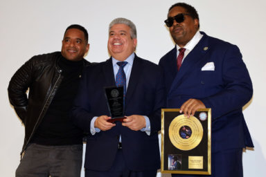 Eric B. and Mike “Brooklyn Mike” Troy who MC’d the event with Brooklyn District Attorney Eric Gonzalez (center).
