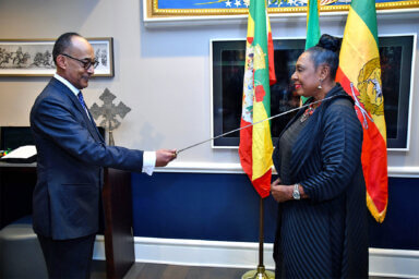Prince Ermias Selassie of Ethiopia presents Orders of Chivalry to Jamaica's Minister of Culture, Olivia Grange on March 4.