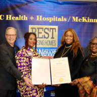 From left David Weinstein, CEO, NYC Health+Hospitals McKinney, Ann Marie Whyte Akinyooye, Anita Taylor, and Angela Cooper, during the handing over of a Proclamation from Congresswoman Yvette D. Clarke's Office.