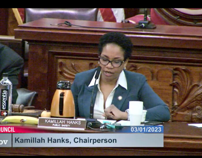 Screen grab of NYC Council Public Safety Committee Chairwoman Kamillah Hanks giving remarks to start the hearing.