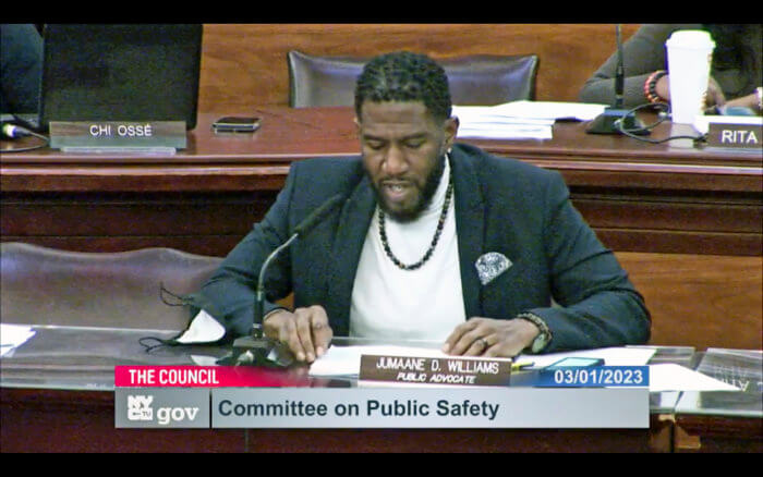 Screen grab of NYC Public Advocate Jumaane Williams giving his opening remarks during the hearing. 