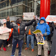Tenants protest Gov. Kathy Hochul at a rally for Good Cause eviction protections.
