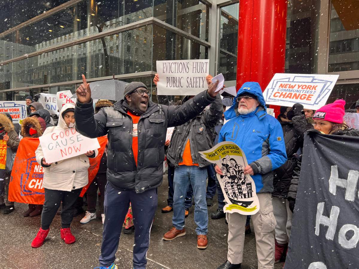 Tenants protest Gov. Kathy Hochul at a rally for Good Cause eviction protections.