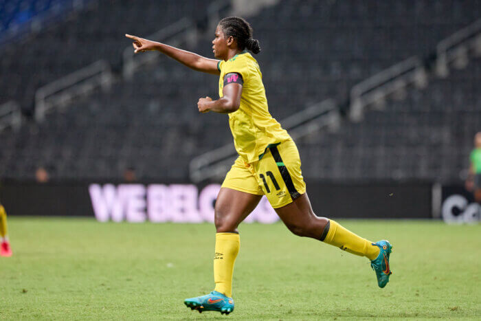 Khadija Shaw celebrate sher goal of Jamaica during the game Jamaica vs Haiti, corresponding Group A of Concacaf W (Womens) Championship 2022, at BBVA Bancomer Stadium on July 11, 2022.