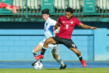 Michel Poon-Angeron #9 of Trinidad and Tobago fights for the ball with Matias Moldskred #17 of Nicaraguaduring the League B - Group C match between Trinidad and Tobago in the 2022/23 Concacaf Nations League, held at the Dwight Yorke stadium, in Scarborough, Trinidad and Tobago.