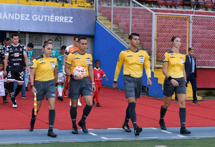 Felisha Mariscal, left, and Kathryn Nesbitt at right where part of the Match Official team during the first leg of the Round of 16 between Tauro FC and Club Leon on March 8, 2023.