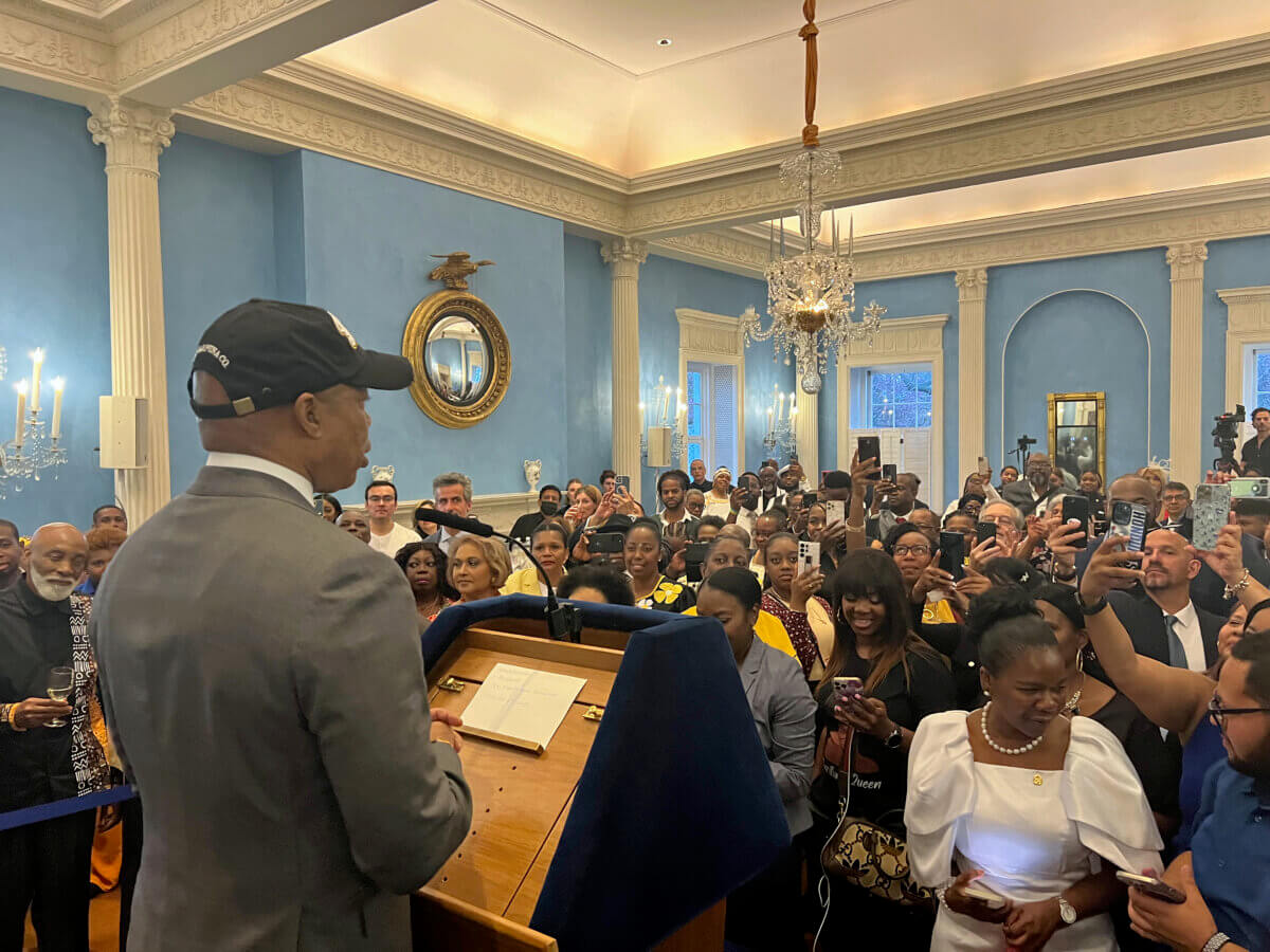 Mayor Eric Adams delivers remarks during a reception in honor of Garifuna Heritage.