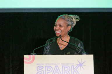 Brooklyn Community Foundation CEO Jocelynne Rainey speaking during BCF's Spark Breakfast, held on March 14, 2023. 
